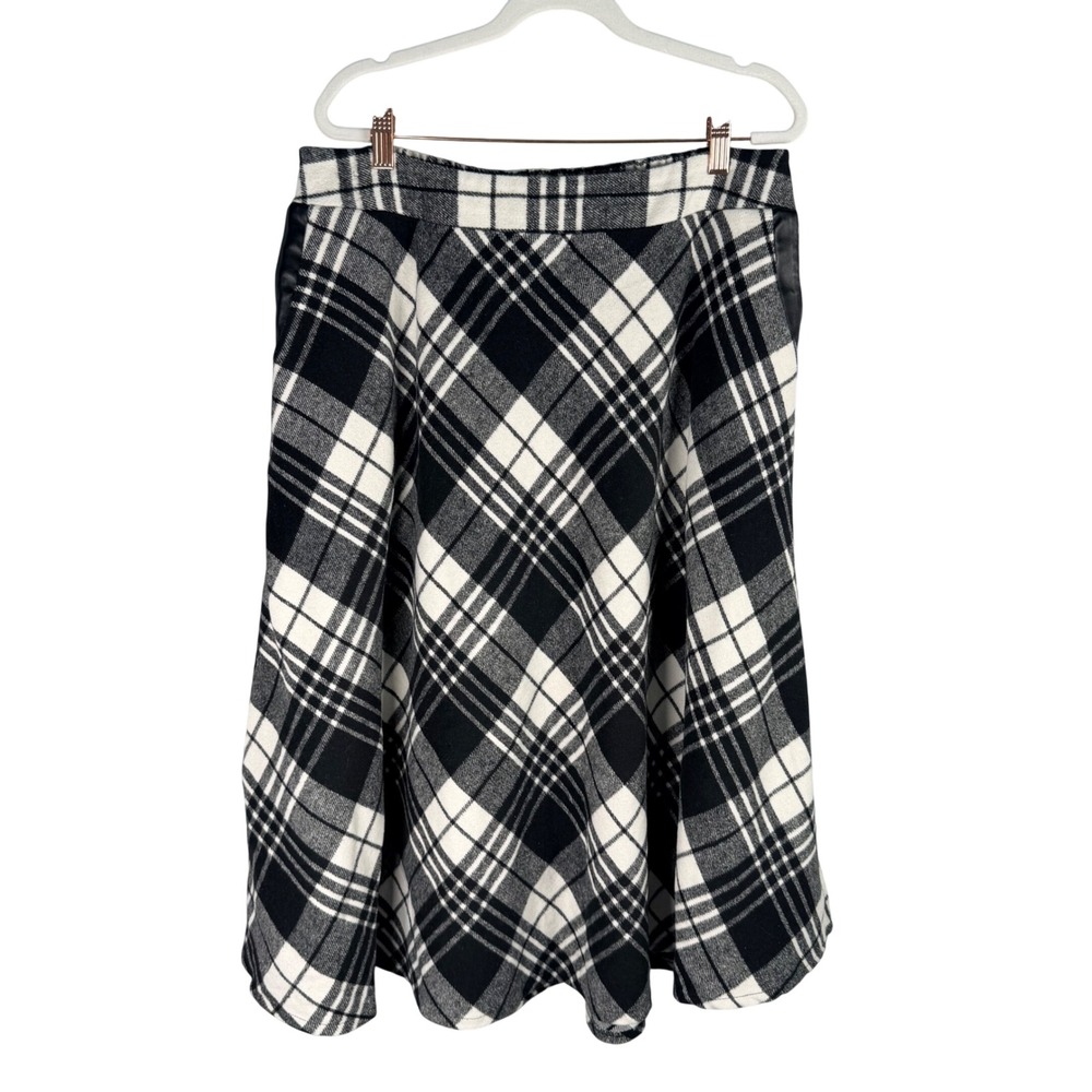 Womens XL Black White‎ Plaid Wool Blend Midi Skirt Faux Leather Trim Academia